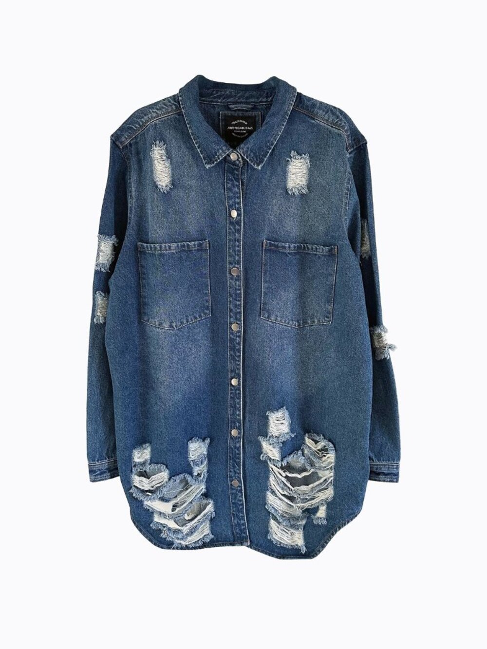 American Bazi 3X Distressed Denim Shacket Oversized Grunge Button Jacket Rocker